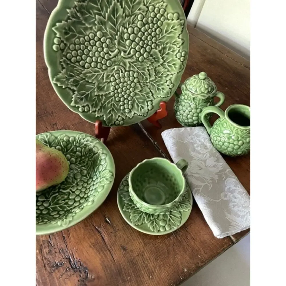 Vintage Style Green Grape Vine Majolica Relief Tea Set Serving Collection